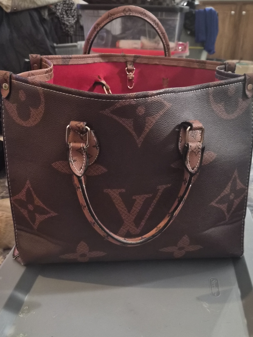Louis Vuitton Brown Monogram Canvas Tote with Red Interior